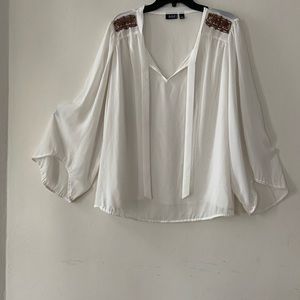 White Anna XL gold embellished shoulder tie front sheer